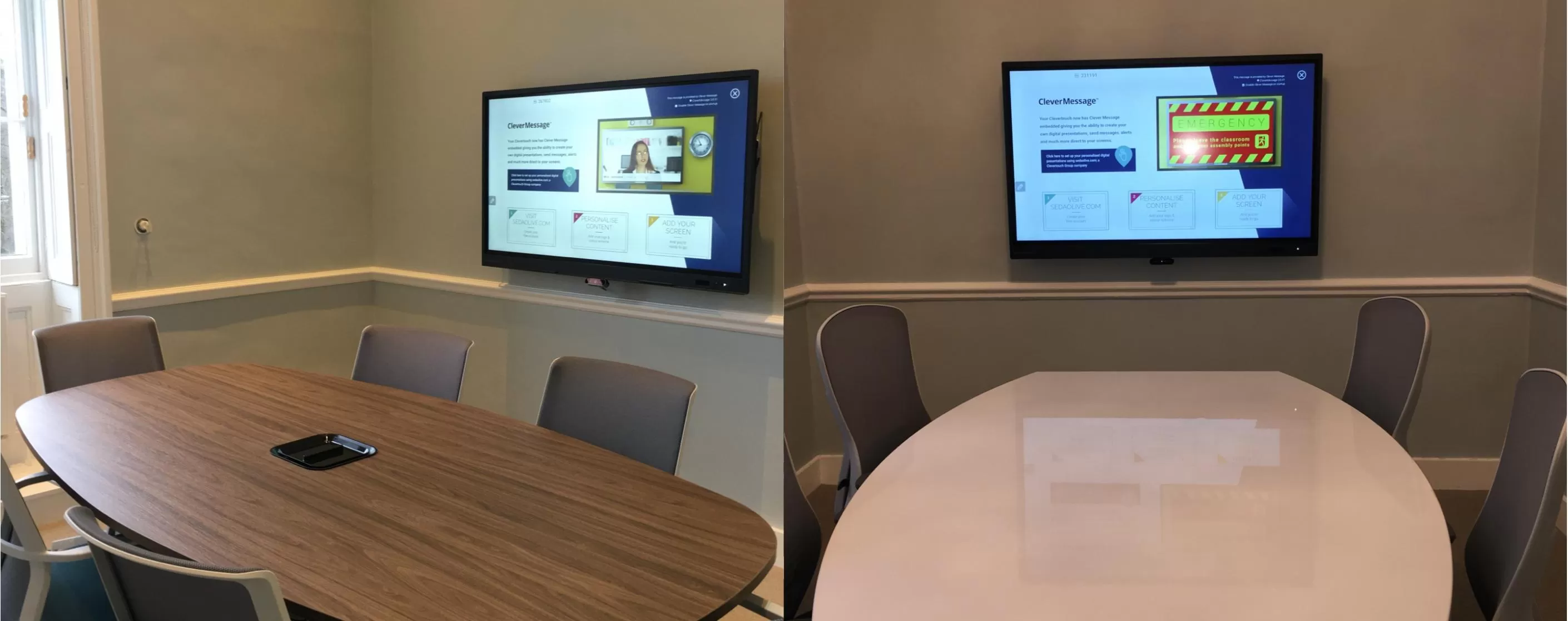 2 medium meeting rooms with UX Pro screens displaying clever message