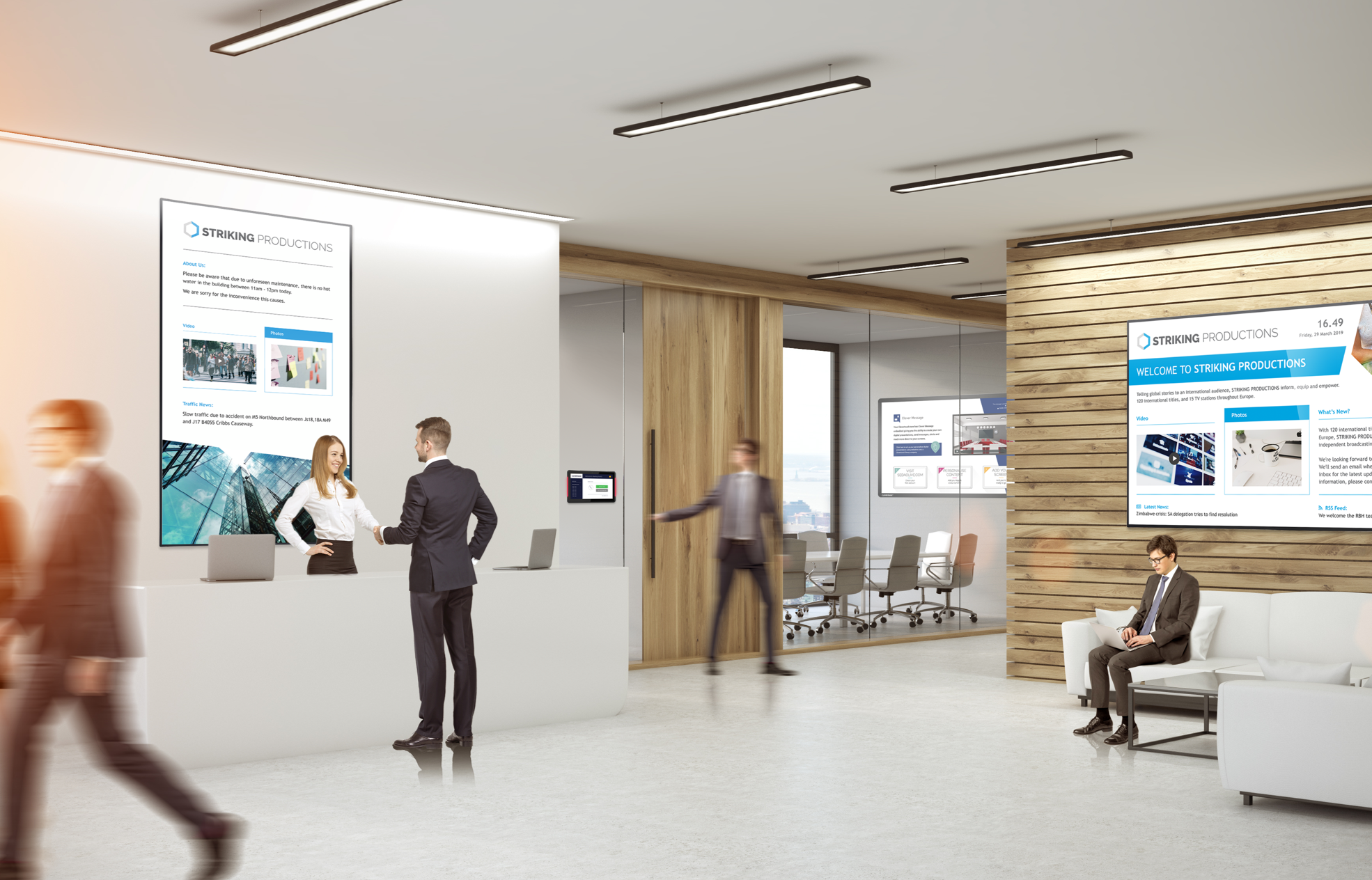 portrait and landscape examples of digital signage in a workplace lobby/reception