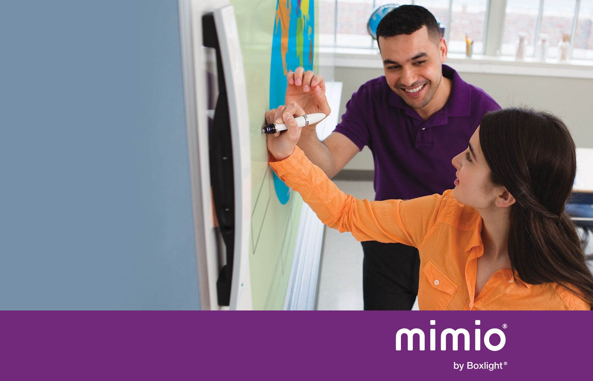 two people using a mimio Portable Interactive Whiteboard with purple banner saying 'mimio by boxlight' at the bottom