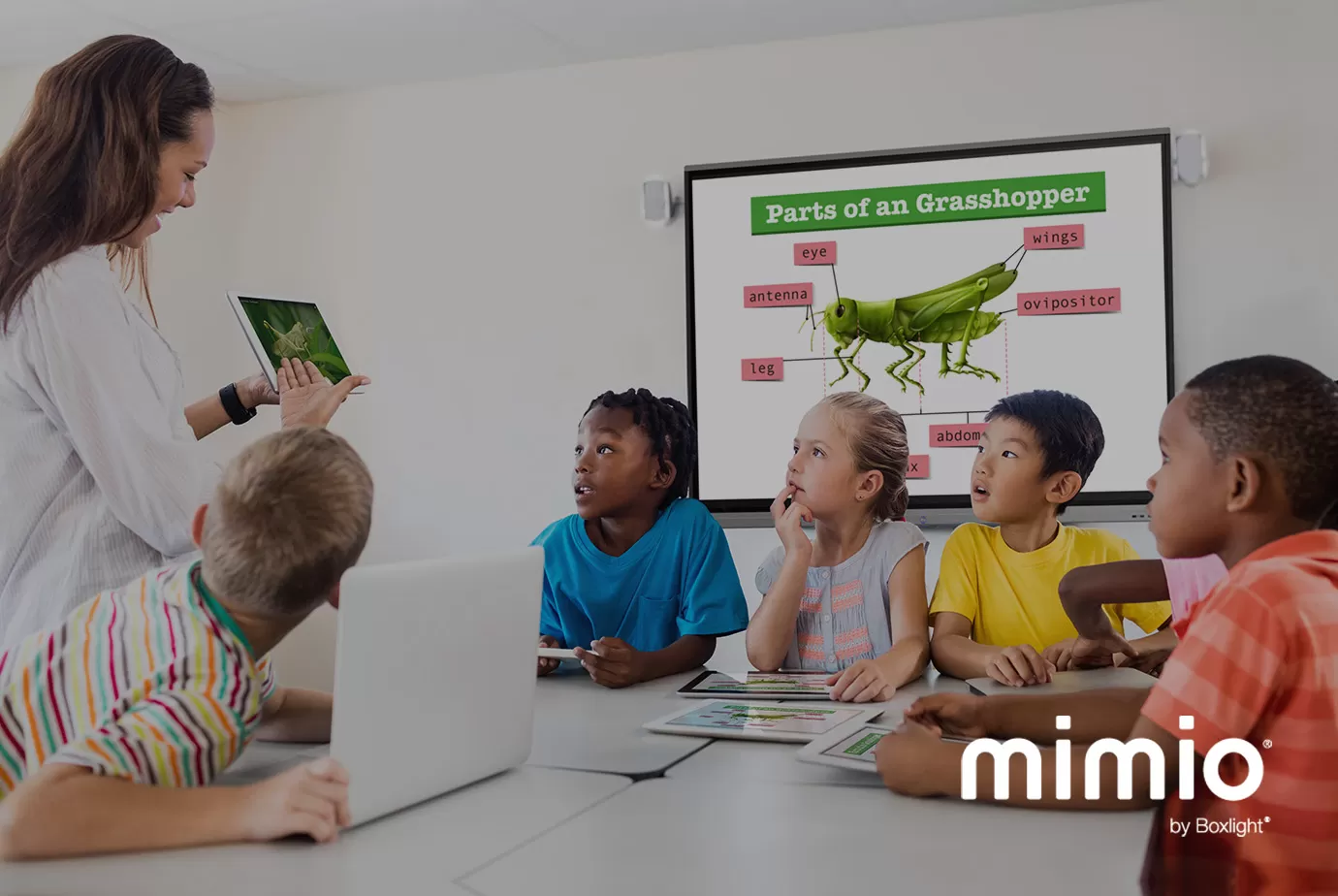 teacher in a classroom usinga tablet with 'Mimio' in the bottom right