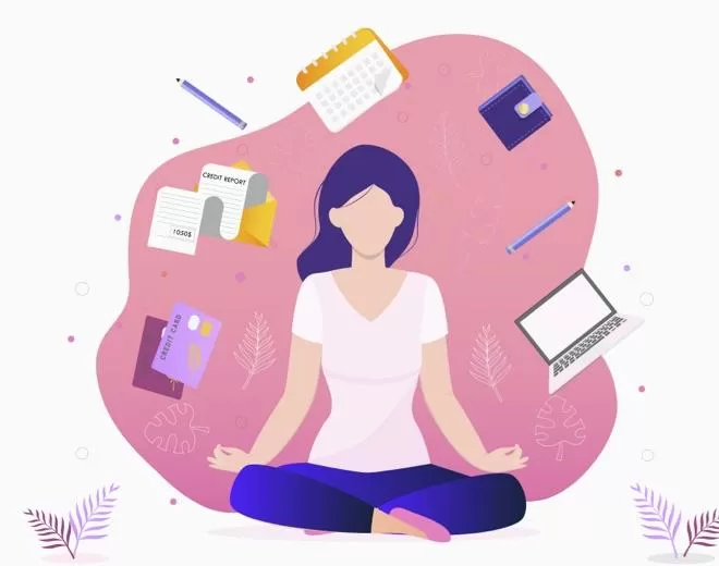 person meditating while a laptop, phone, calendar etc float around them graphic