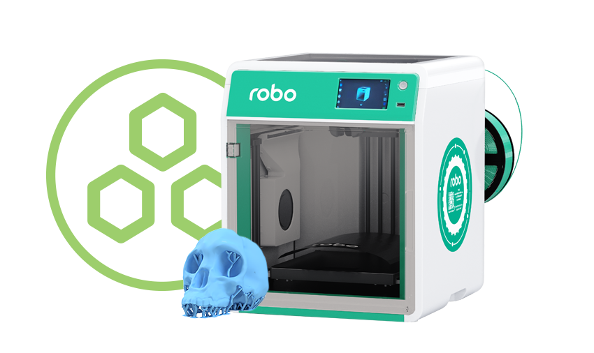 robo E3 Pro 3D printer with a hominid scull