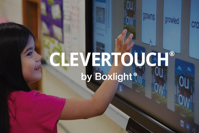 Student using a clevertouch screen with the clevertouch logo over the top