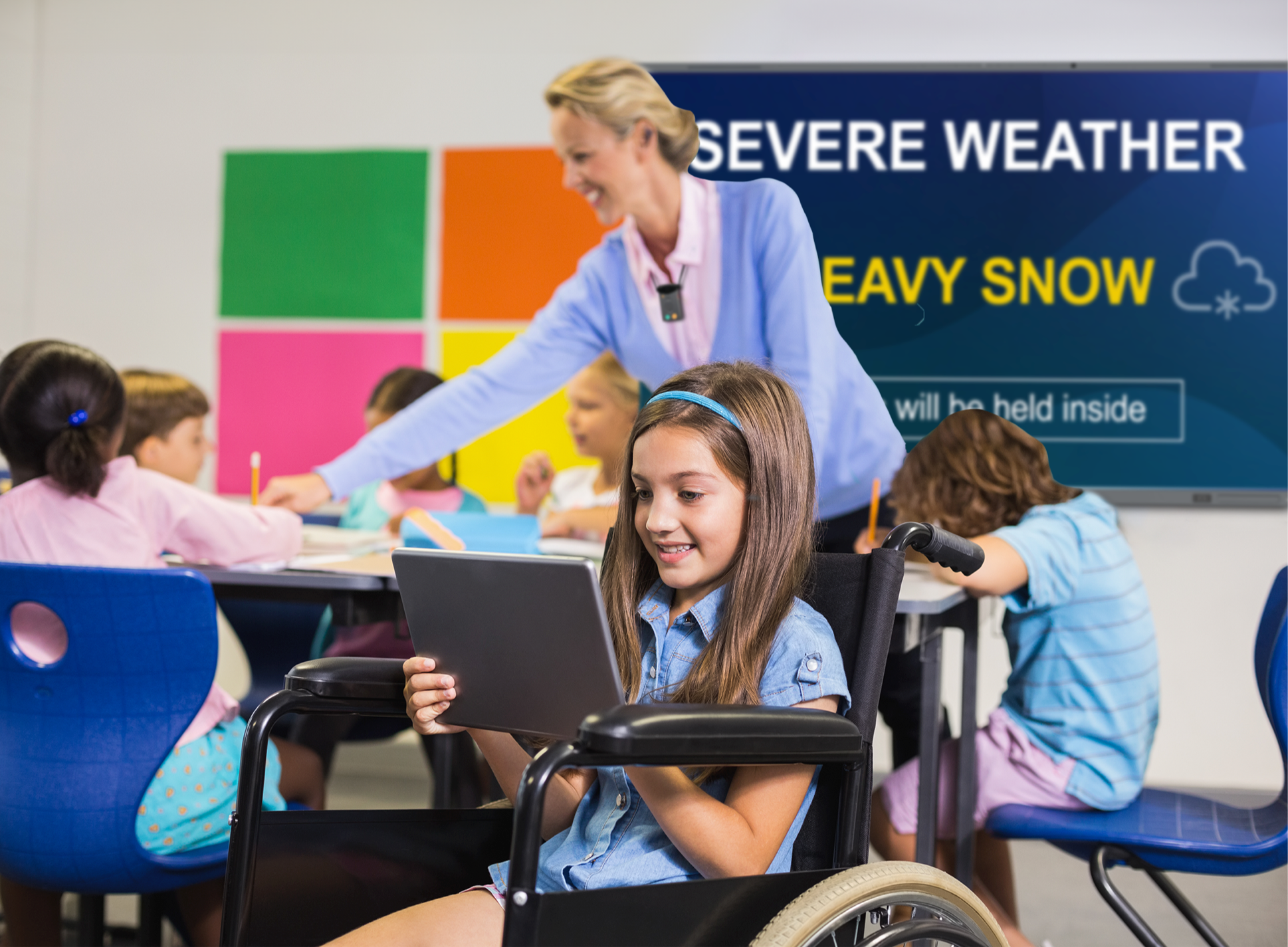 ATTENTION! visual alert displayed on a reception desk screen in a school front office