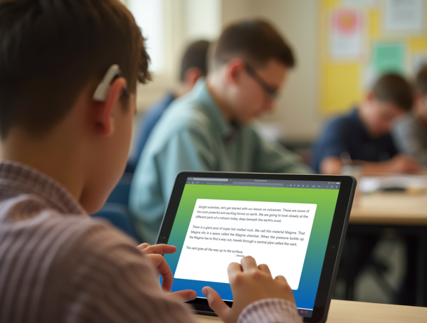 Student with hearing aid using a tablet to follow along with FrontRow audio transcription