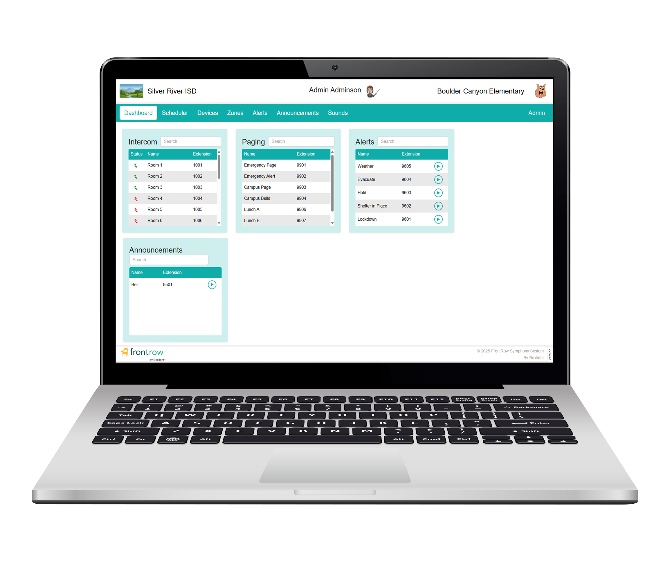 Symphony Dashboard showing intercom, paging, alerts, and announcements on a laptop