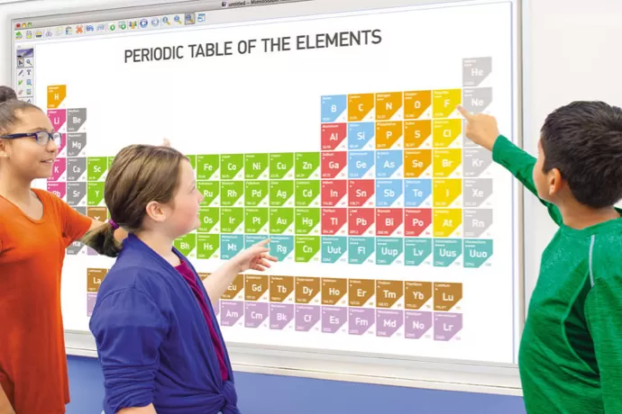 teacher helping students use a mimio frame