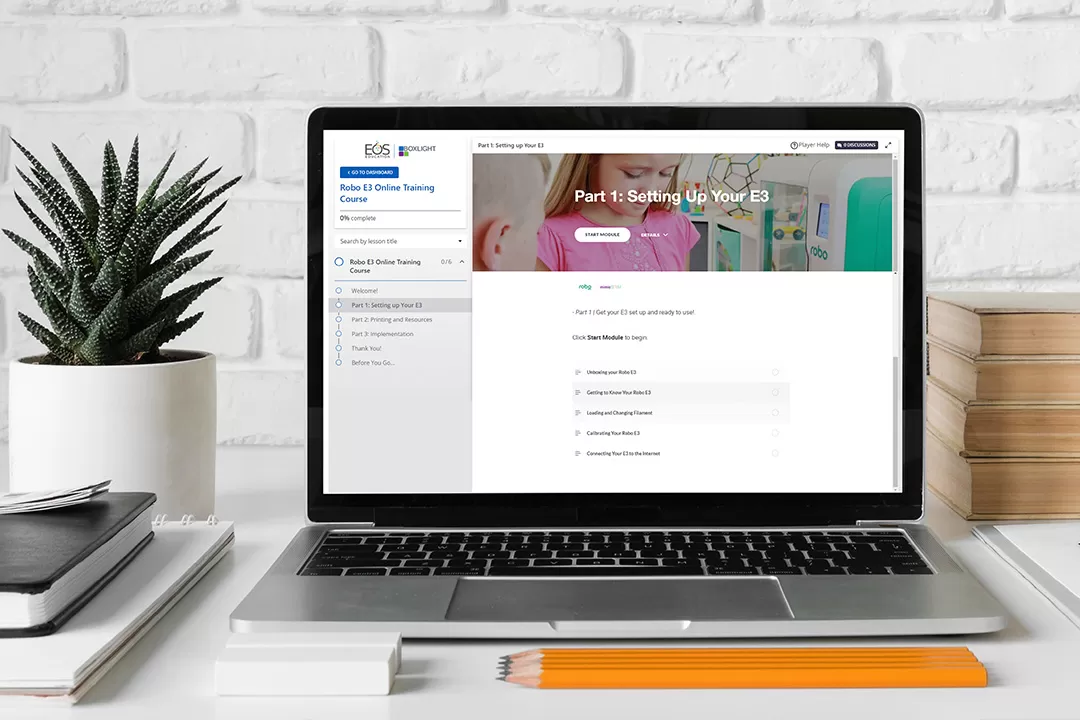 Laptop showing the Boxlight EOS training screen for robo